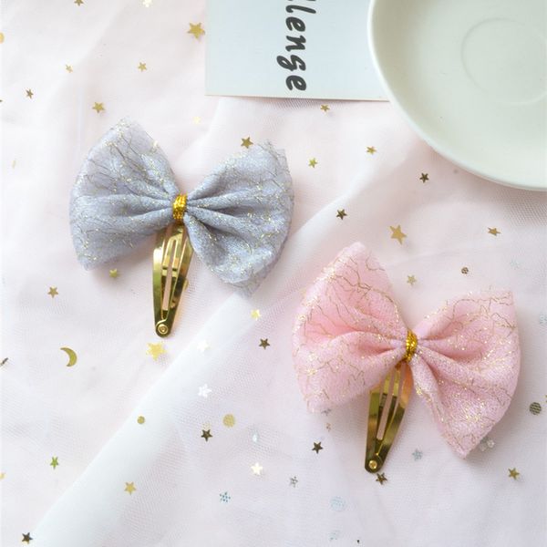 

wholesale 20pcs fashion glitter bow snap clips tulle bowknot hairpins princess headwear boutique hair accessories for girls, Slivery;white