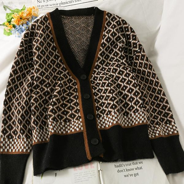 

women's knits & tees oumengka v neck women button black argyle cardigan 2021 long sleeve sweater autumn winter knitted loose oversized, White