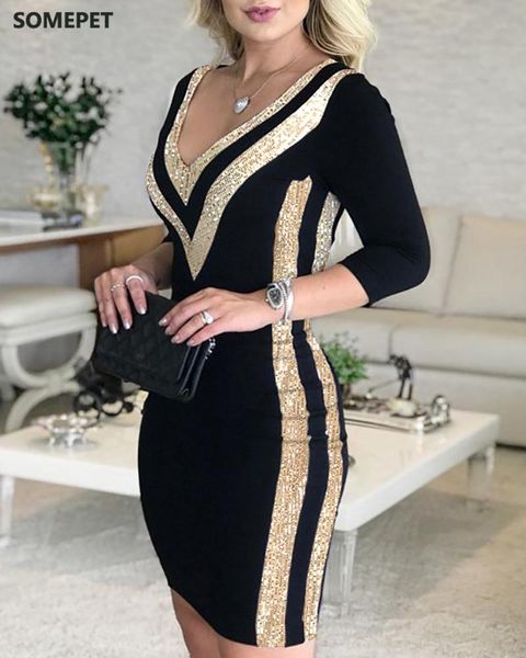 

women elegant work wear slim fit mini casual dress v-neck colorblock contrast color striped sequins bodycon dresses, Black;gray