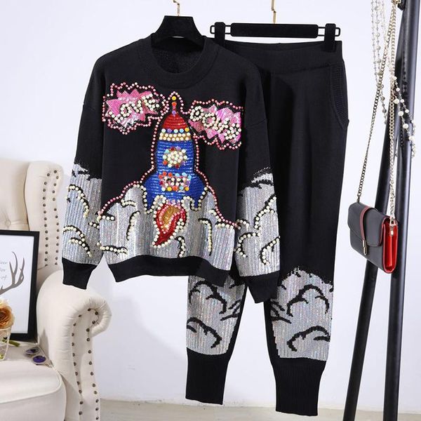 

women's tracksuits 2021 autumn embroidery vintage fashion two piece set women korean clothes knitted pullover + pants casual, Gray