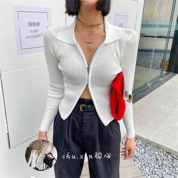 

jmprs zipper women cardigans sweater autumn long sleeve corpped knitted fashion female casual slim blouse 210903, White;black