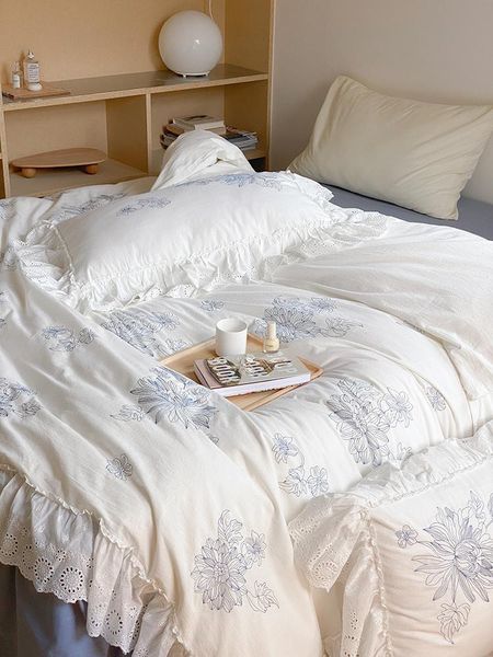 

bedding sets light luxury princess style set washed cotton bed skirt simple embroidery lace quilt cover ins king  full 4 pcs