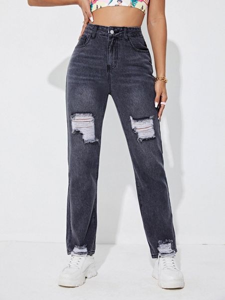 

high waist ripped straight leg jeans x85k#, Blue