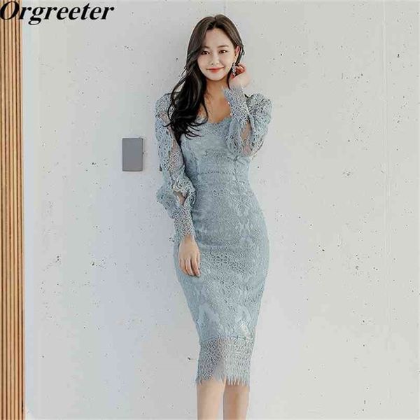 

elegant party lace dress spring fall fashion square collar puff sleeve hollow out embroidery bodycon pencil dres 210602, Black;gray