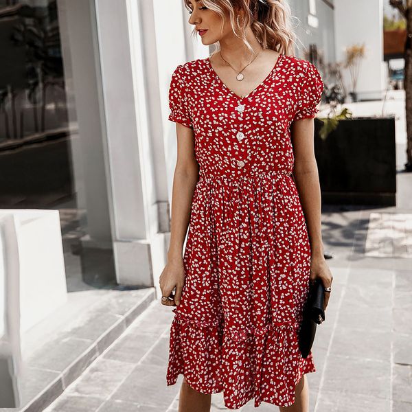 

20212021 summer elegant boho floral print midi dress women v neck button fashion beach ruffles dresses women sundresses vestidos, Black;gray
