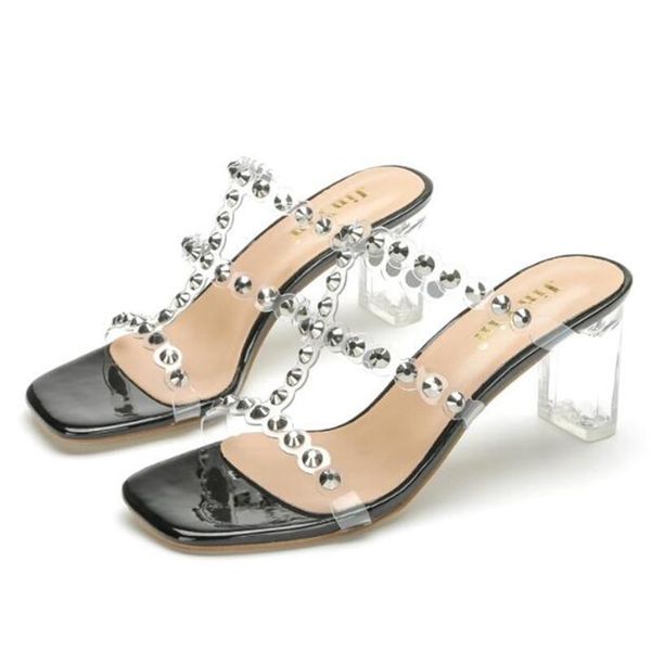 

transparent pvc sandals women slip on 8cm thick high heels square toe shallow rivet sandalias mujer 2021 shoes size 35-42, Black