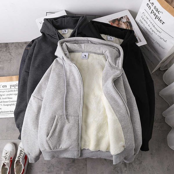 

women sweatshirt solid color 2020 autumn winter new imitation lamb wool korean loose plus velvet thick zipper hoodie y0820, Black
