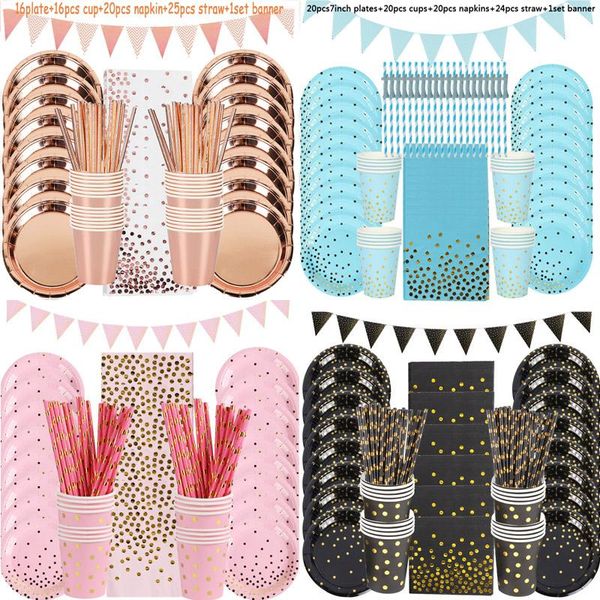 

rose gold/pink/black/blue disposable dinnerware set birthday party tableware kit for baby shower 1st wedding christmas