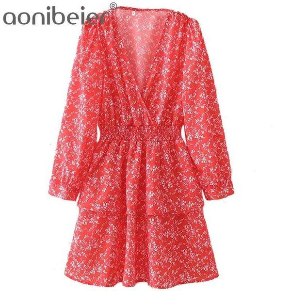 Напечатанные два слоистых оборками платье лето мода глубокий v слойная рукава упругие высокие талии женщины повседневные мини-красный 210604