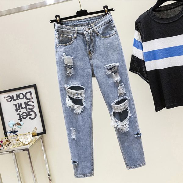 

girlfriend fashion pants jean light blue hole jeans woman 2021 spring summer high waist