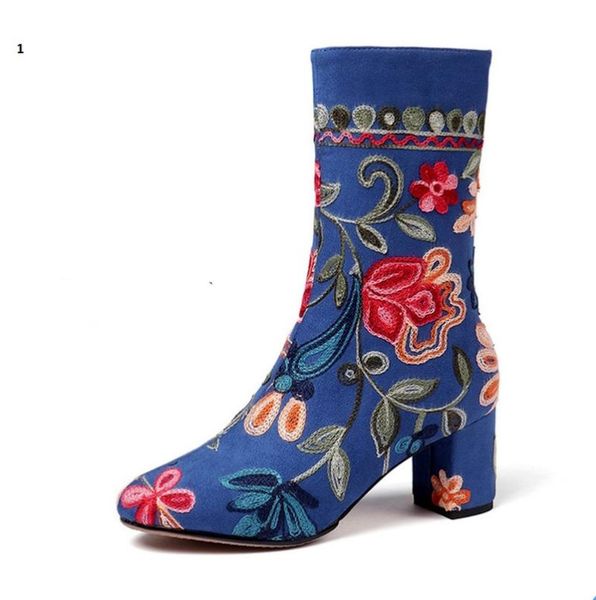 

boots us4-11 ladies embroidered suede leather ankle ethnic style thick heels womens floral warm winter plus size 20, Black