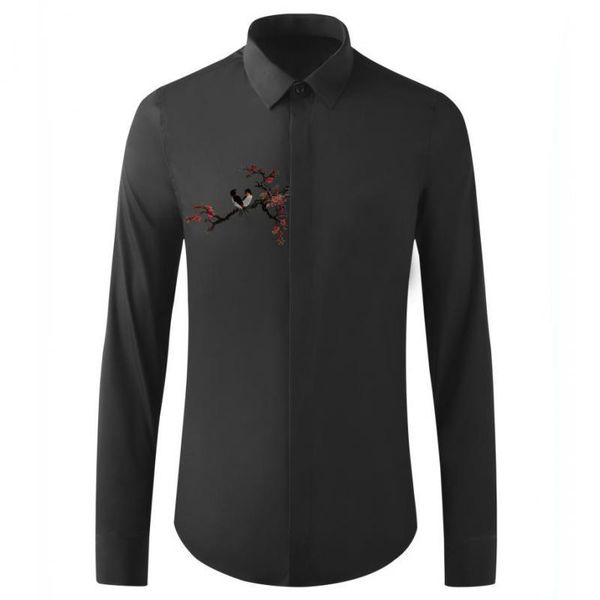

men's casual shirts swallow printed male luxury long sleeve solid color mens dress fashion slim fit party man 4xl, White;black