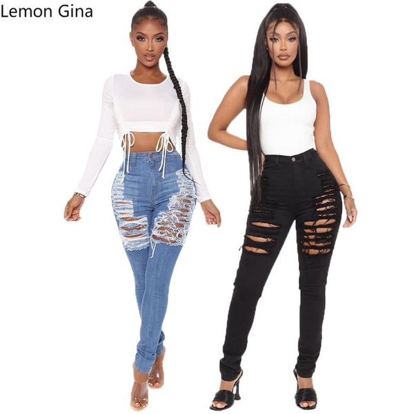 

women's jeans lemon gina summer 2021 trend, ripped holes, washed self-repairing stretch denim pants, Blue