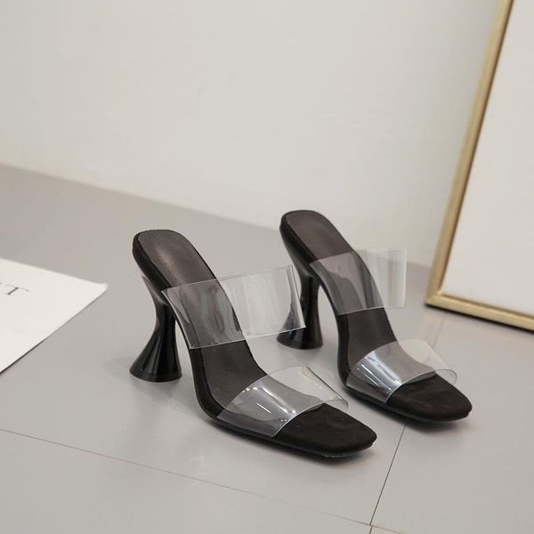

slippers transparent square toe woman thick high heels shoes summer brief comfy casual slides female solid european flip flops, Black