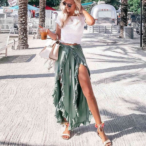 

women's jeans 041402 vintage ruffle casual pants capri high waist baggy split fashion women retro wide leg female trousers bottoms, Blue