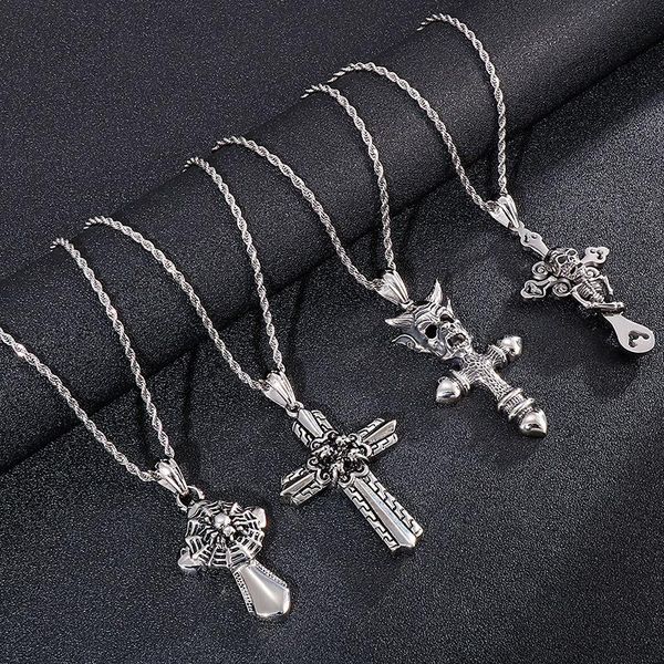 

pendant necklaces cross skull men necklace punk stainless steel collar choker twist chain around the neck fashion jewelry accessories, Silver