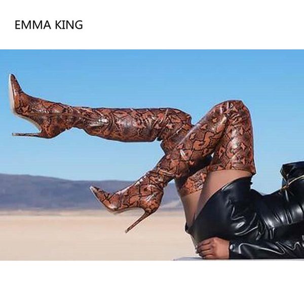 

snake fashion prints over the knee cowboy boots women pointed toe thin high heels ladies winter shoes thigh, Black