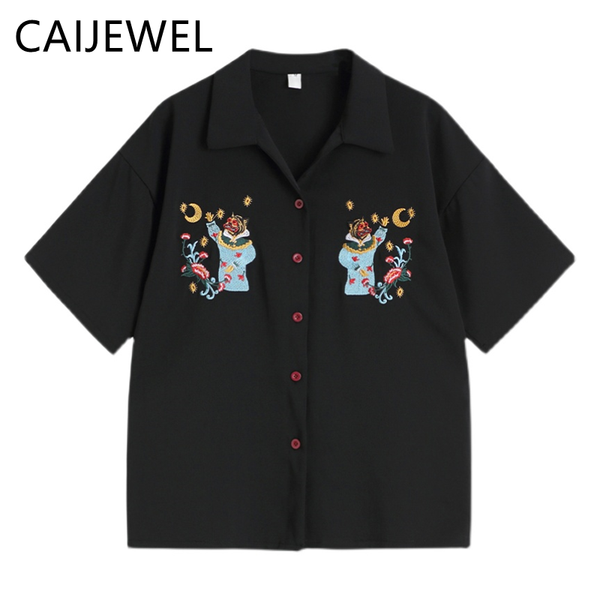 

women's blouses & shirts women button up shirt 2021 summer black streetwear embroidery printing short sleeve suit collar vintage baggy, White