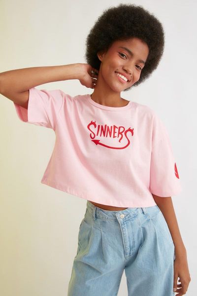 

trendyol printed crop knitted t-shirt twoss21ts2147 women's, White