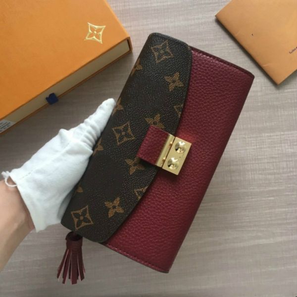 

m60207-2 old flower tassel wallet wine red women real leather long wallets chain wallet pouches key card holders phone cases purse clutchesa, Red;black