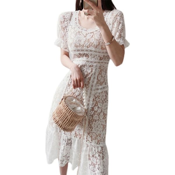 

lace maxi dress kroean ladies short sleeve cabaret party white a line dresses for women clothing 210602, Black;gray