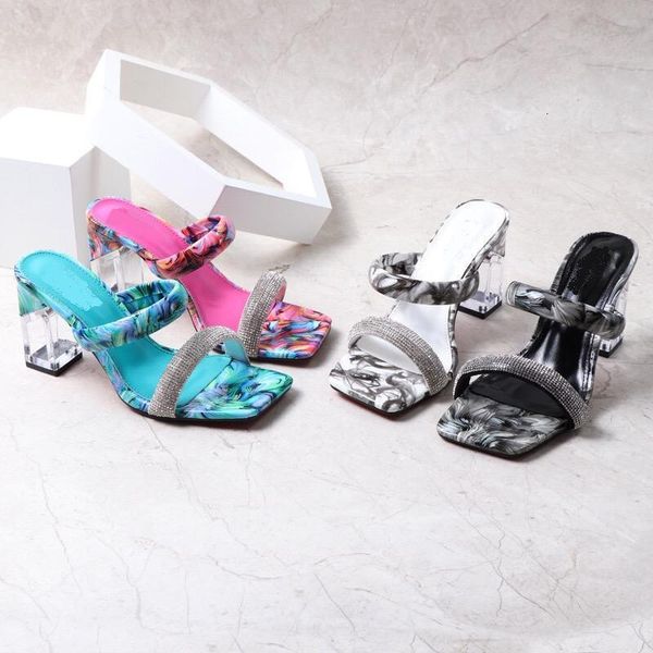 

luxury slippers women wear 2021 summer fashion square head heel slipper, Black