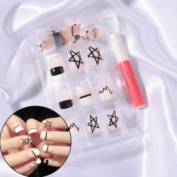 

24pcs fashion manicure short french style five-pointed star square head long lasting false tips fake nails1, Red;gold