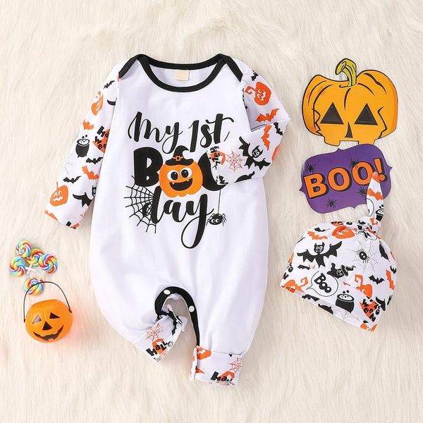 

clothing sets baby baby's infant kids boys girls halloween cartoon pumpkin bodysuit jumpsuit hat set, White
