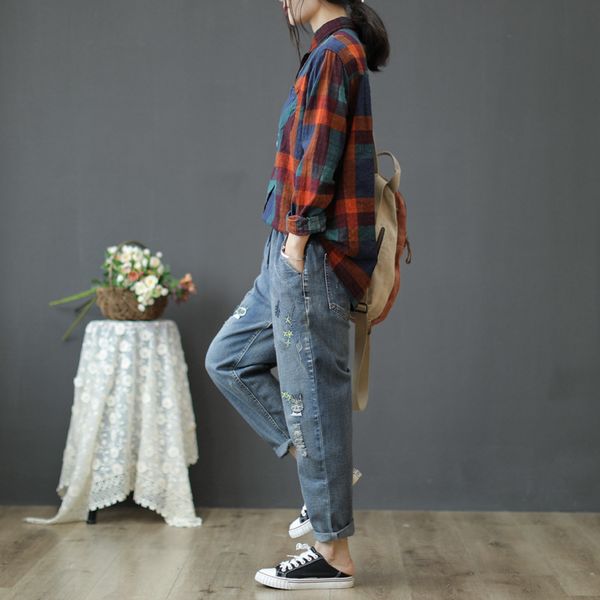 

women spring summer fashion korea style elastic waist vintage embroidery calf length harem pants office lady casual loose jeans, Blue
