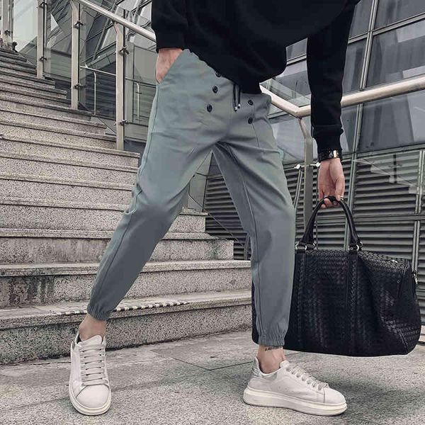 

pants black/green spring summer 2021 ankle thin hip hop length harem men's clothes fashion streetwear decorating buttons plbb