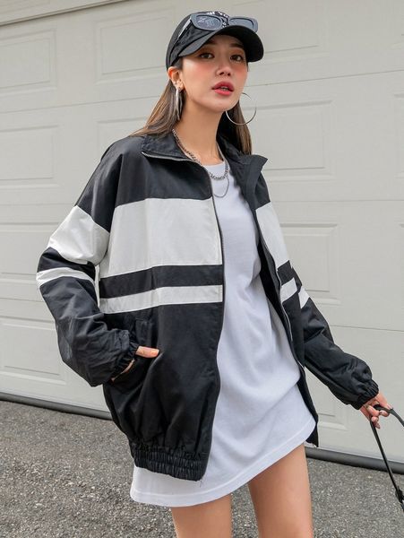 

dazy colorblock drop shoulder slant pockets jacket x5xr#, Black;brown