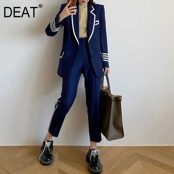 

[deat] summer fashion single-breasted long sleeve splicing blazer high waist pants women two-piece suit 13q165 210527, White