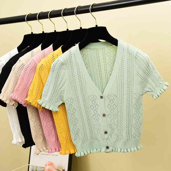 

hollowing knit sweater fashion women summer v neck short sleeve laides single breasted pull ruffles pullover 210602, White;black
