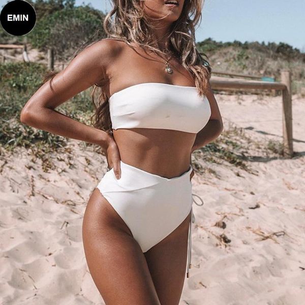 

women's swimwear summer sale 2021 simple fashion high waist bikini set tube split swimming brazilian beachwear, White;black