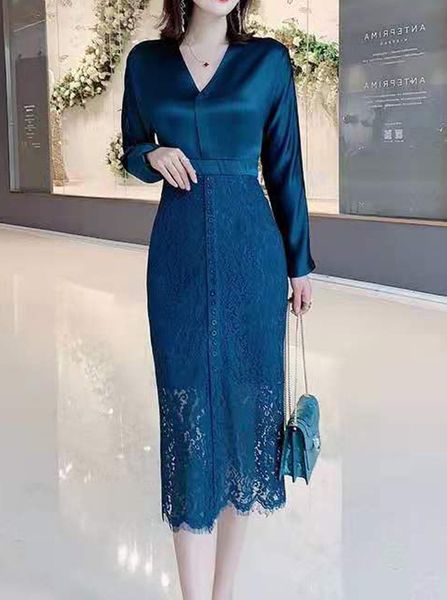 

dress 2021 autumn stitching lace v-neck qfj7, Black;gray
