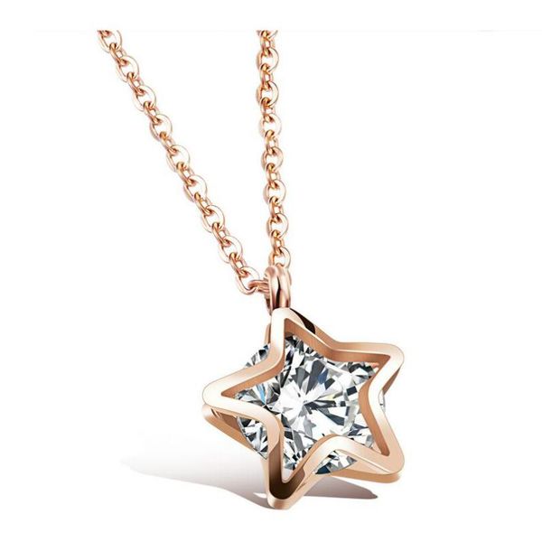 

pendant necklaces women zircon star clavicle titanium steel rose gold-color necklace double-pointed simulated crystal jewelry, Silver
