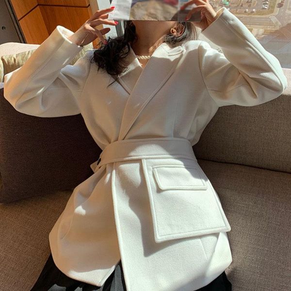 

women's wool & blends [ewq] 2021 winter female casual stand collar long-sleeved minimalist covered button white woolen overcoat with be, Black