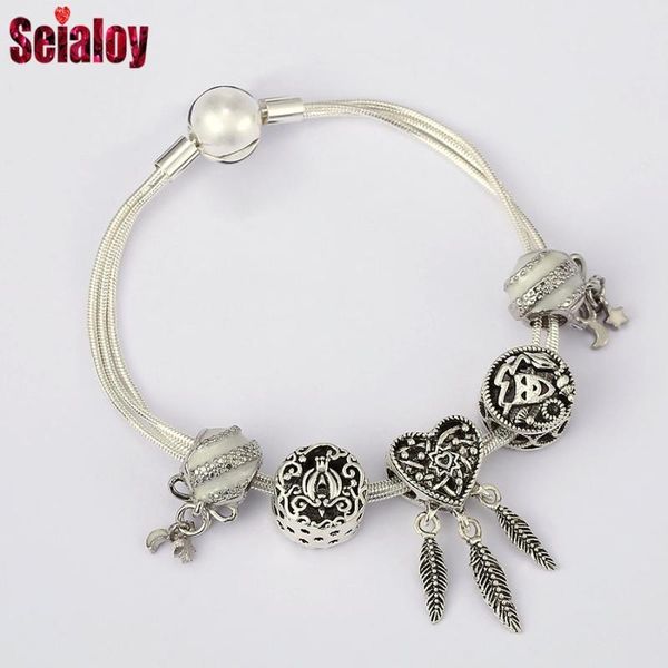

charm bracelets seialoy multi snake chain for women original heart dreamcatcher beaded silver color bracelet fashion jewelry, Golden;silver