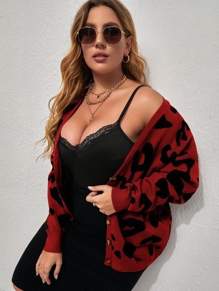 

plus graphic pattern drop shoulder cardigan a5sw#, Black