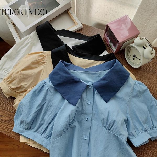 

women's blouses & shirts terokinizo short puff sleeve blouse women 2021 summer contrast color turn down collar korean style blusas muj, White