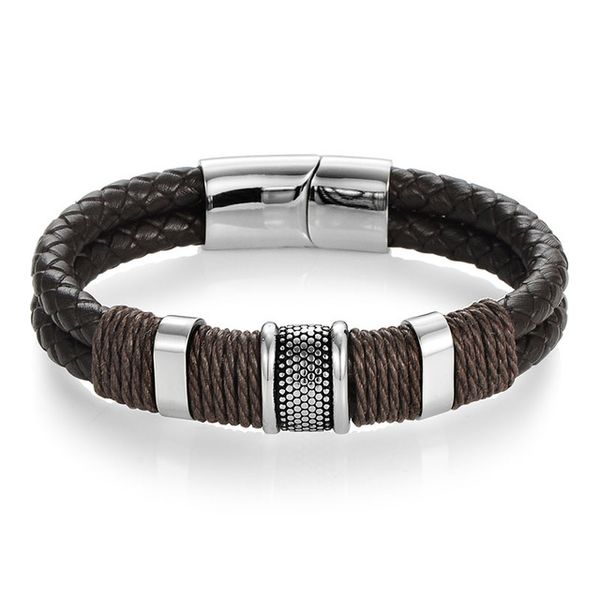 Mode Echtes Leder Armbänder Titan Edelstahl Armband Männer Gewebt Armreif Schwarz Braun Blau Rot Farbe