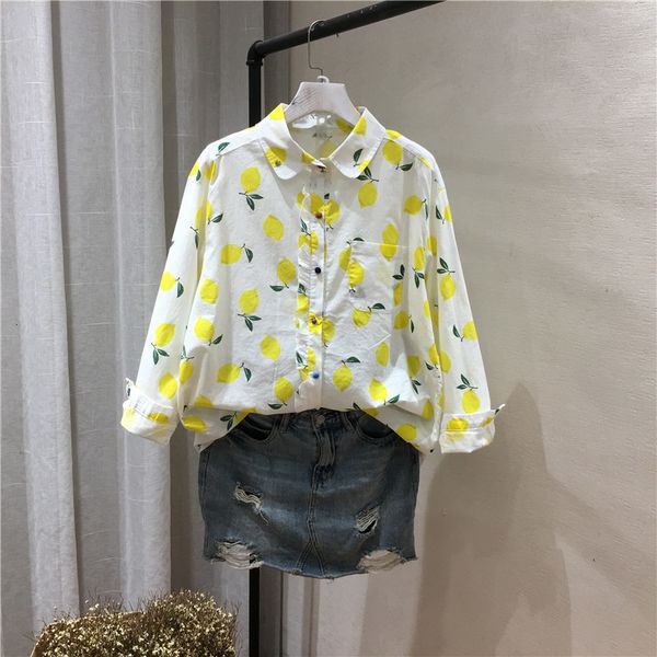 

women's blouses & shirts lamtrip unique kawaii yellow peach lemon print fruit sweet ruffles covered buttons long sleeve cotton shi, White
