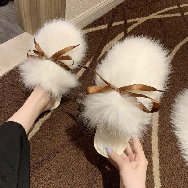 

women home slippers winter warm shoes woman slip on flats slides female bowknot faux fur closed toe, Black