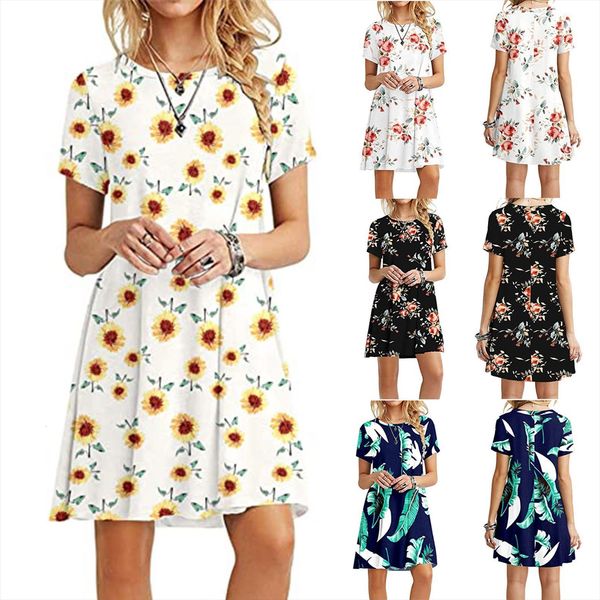 

floral plus size casual womens dress short sleeve o neck female summer large loose midi beach vestidos, Black;gray