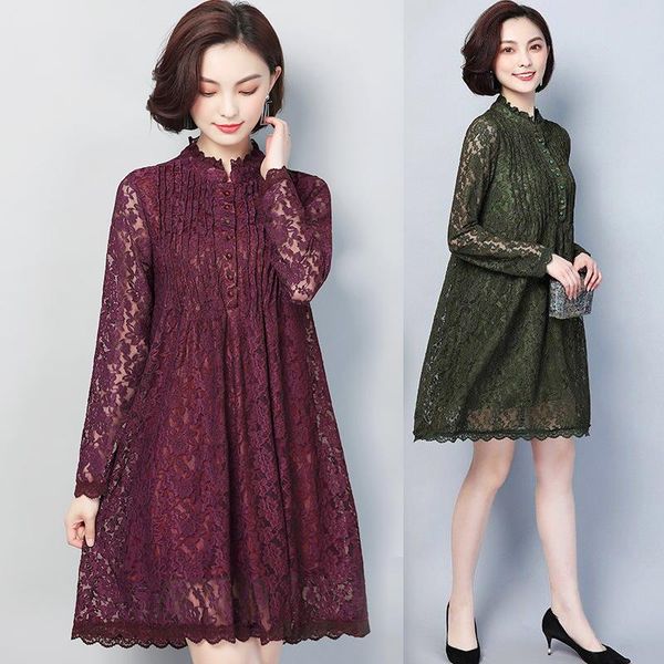 

casual dresses spring fall women stand collar long sleeve pleated loose lace dress , female womens wine red green black 4xl 5xl, Black;gray