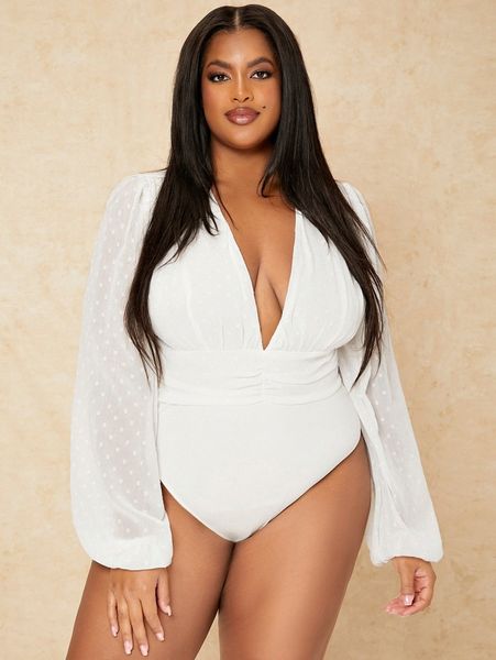 

sxy plus plunging neck lantern sleeve bodysuit i1gk#, Black