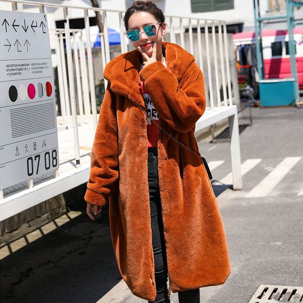 

jacket winter thick warm 3 color long coat women outerwear plus size loose faux rabbit fur jacket female, Black;brown