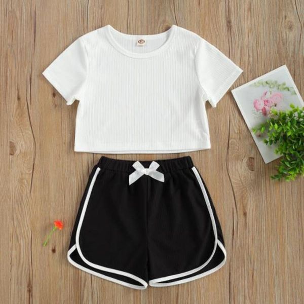 

little girls short sleeve set solid color ribbed and patchwork pants 2-piece suits summer kids t-shirt clothing sets, White