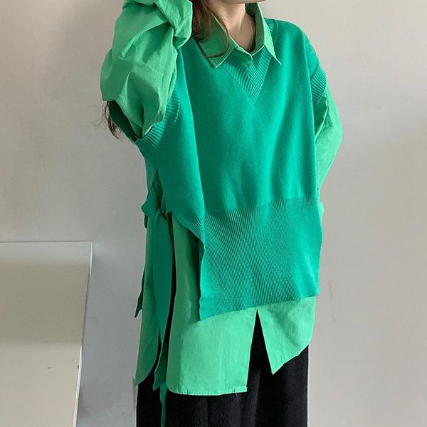 

women's vests nice winter design sense niche korean version loose mid-length shirt + butterfly strapped waistcoat w18, Black;white