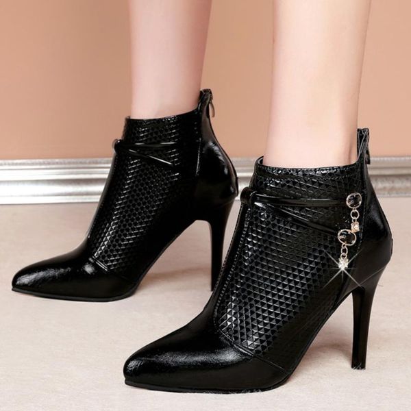 

boots 2021 winter designer zipper pointed toe ankle super high heels lady fashion snow party pumps shoes mujer, Black